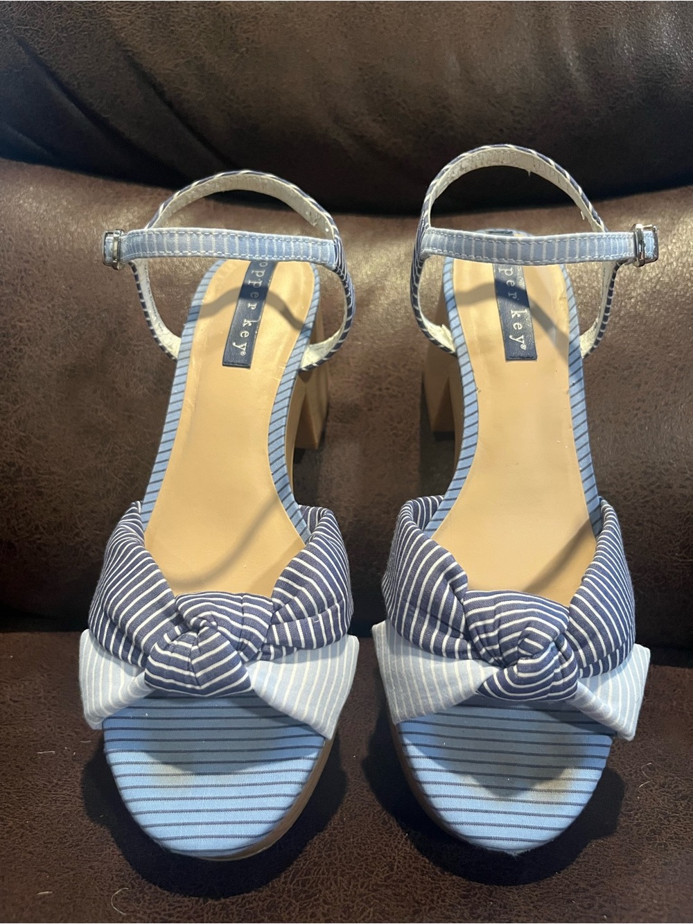 Copper Key Striped Knot Front Ankle Strap Heels - Blue & White